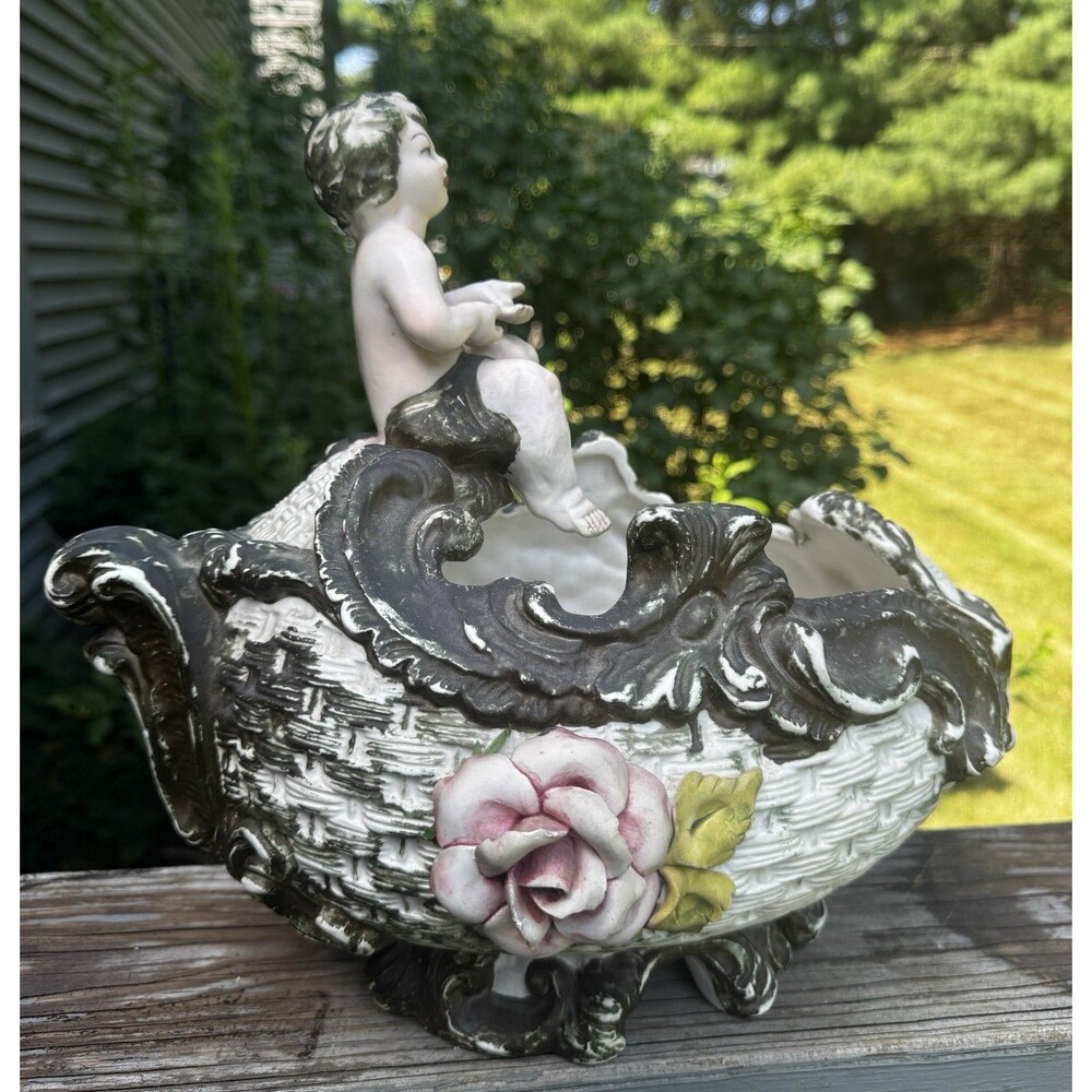 Vintage Capodimonte Italy Cherub Planter Basket Porcelain 3D Rose Putti 11"